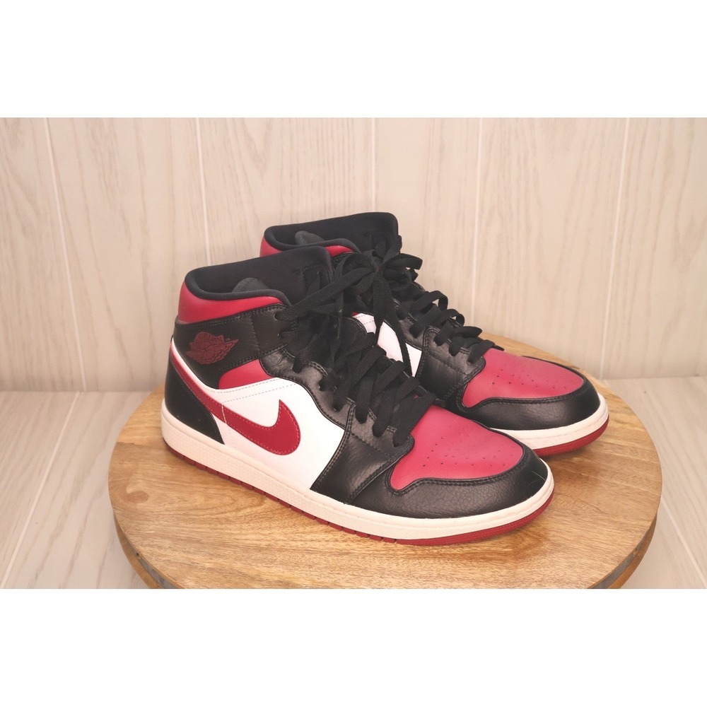 Nike Air Jordan 1 Mid Bred Toe Mens Basketball Shoes Black Red White Size 10